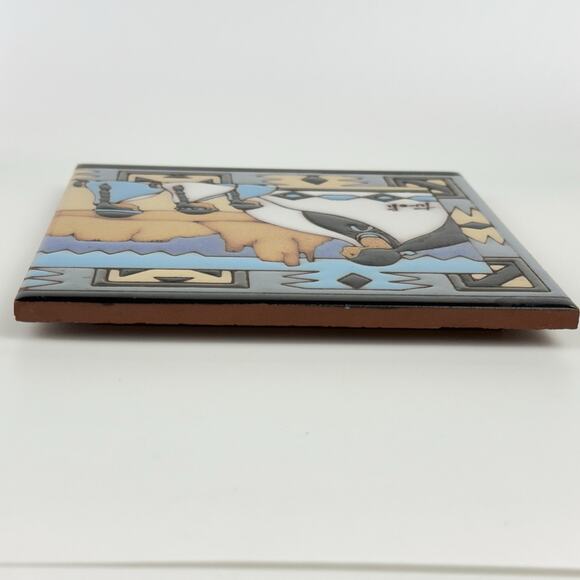 Vtg Earthtones Southwestern Trivet Tile by Tu-ofi Woman And Children Blue 6"x6" - Picture 6 of 10